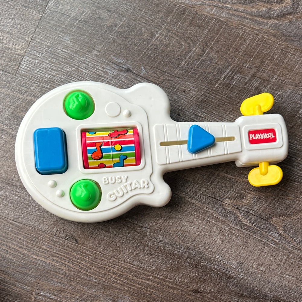 1988 playskool Vintage Busy Guitar Toy - Cream, Blue, Green, Yellow